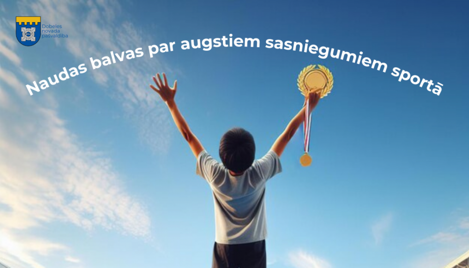 Puisīts uz pjedestāles ar medaļu rokā